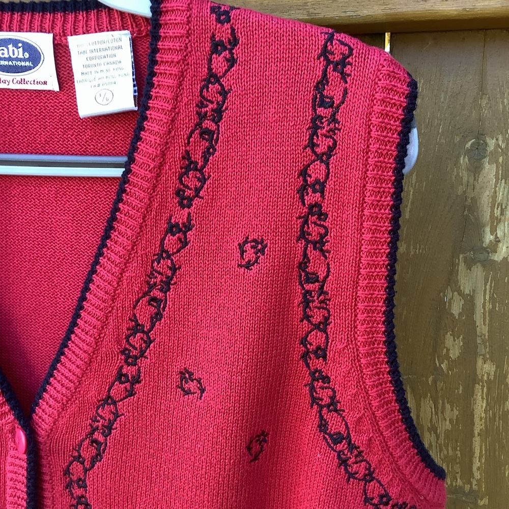 VTG TABI Holiday Edition Red with Black Trim Button Up Vest 100% Cotton Size L - Picture 2 of 8